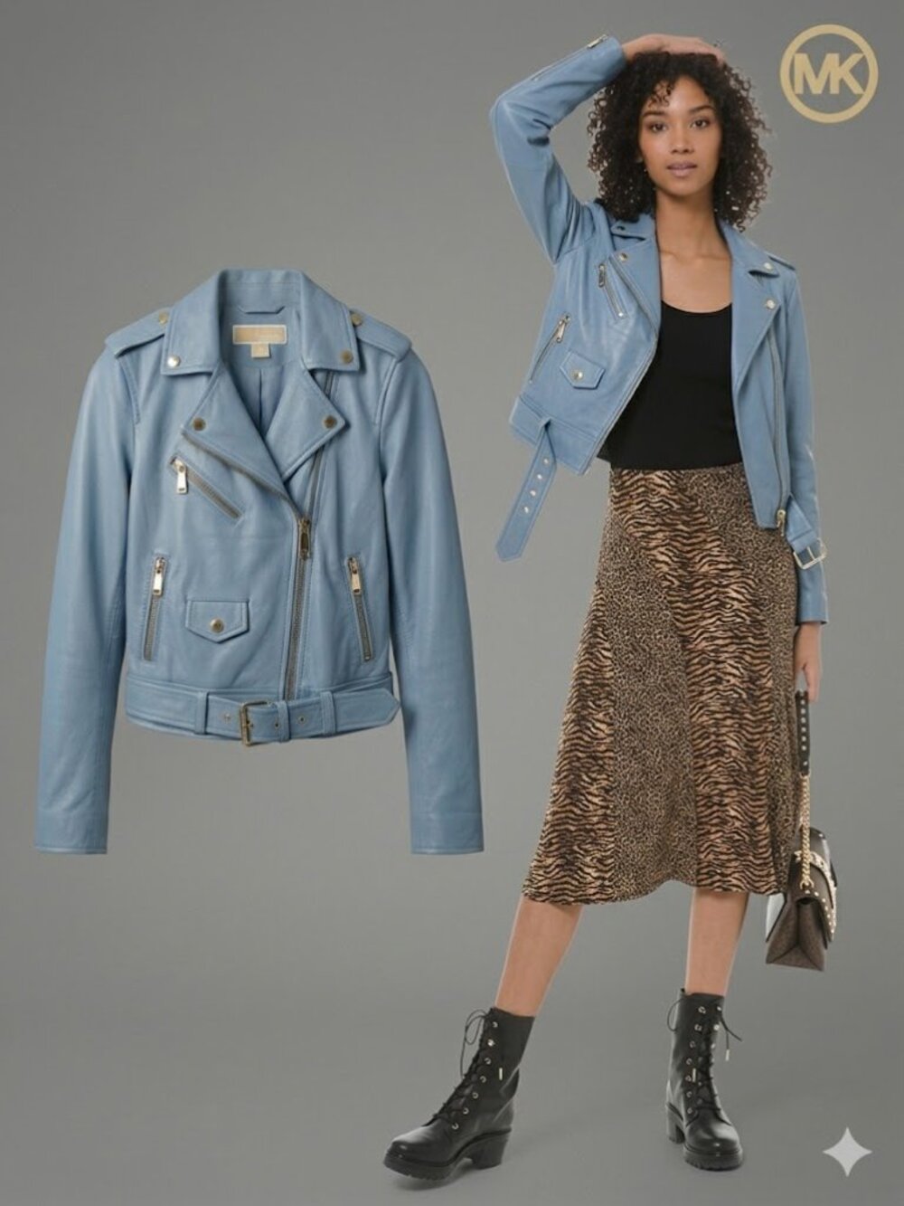 MICHAEL Michael Kors - Soft Chambray Blue Moto Jacket with Belt - XS